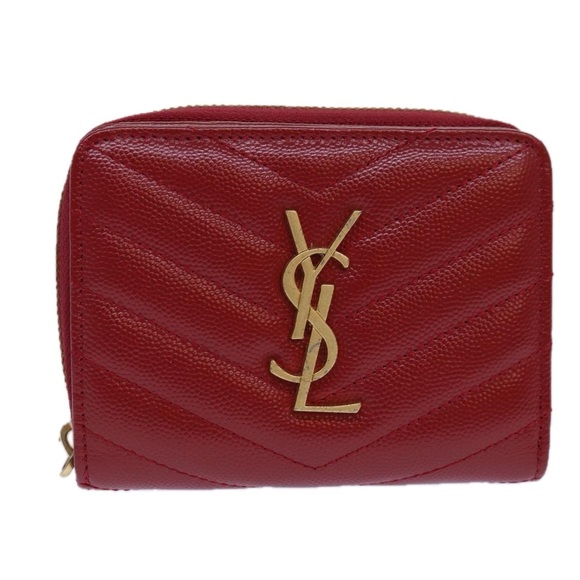 SAINT LAURENT Compact Wallet Leather Red Gold BOW01 Auth 85840 - Picture 13 of 16